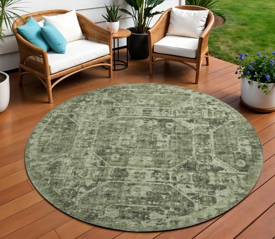 8 Foot Round Tribal Geometric Polyester Area Rug Washable Indoor Outdoor Patio