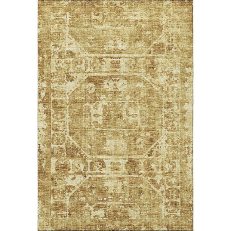 Gold Ivory Tribal Polyester Area Rug Washable for Indoor Outdoor Patios and Living Rooms