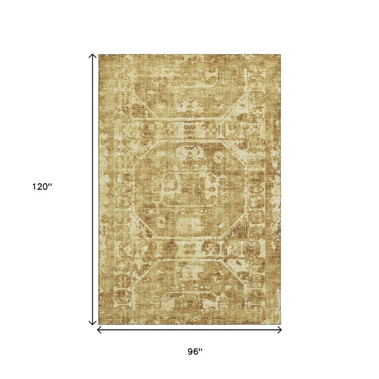 Gold Ivory Tribal Polyester Area Rug Washable for Indoor Outdoor Patios and Living Rooms