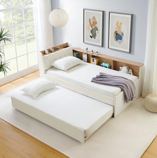 English Elm Twin Size Velvet Daybed With Trundle, Storage Headboard & Wireless Charging - Stylish & Functional! W1413S00111-GIGA