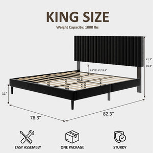 English Elm Queen Velvet Tufted Platform Bed Adjustable Headboard Steel Frame No Box Spring Black W5239P503299
