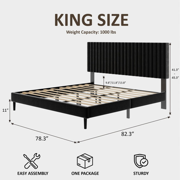 English Elm Queen Velvet Tufted Platform Bed Adjustable Headboard Steel Frame No Box Spring Black W5239P503299