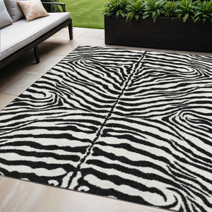 Zebra Print Polyester Area Rug Washable Indoor Outdoor Bold Animal Pattern Low Pile Ivory Black