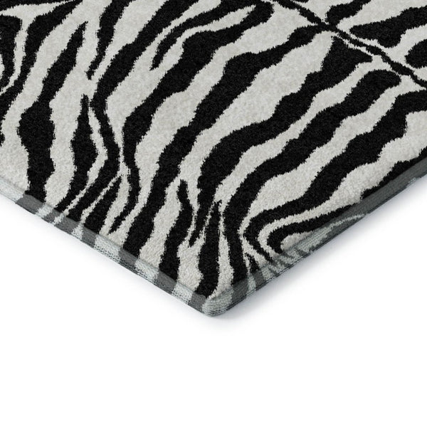 Zebra Print Polyester Area Rug Washable Indoor Outdoor Bold Animal Pattern Low Pile Ivory Black