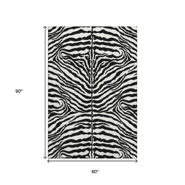 Zebra Print Polyester Area Rug Washable Indoor Outdoor Bold Animal Pattern Low Pile Ivory Black
