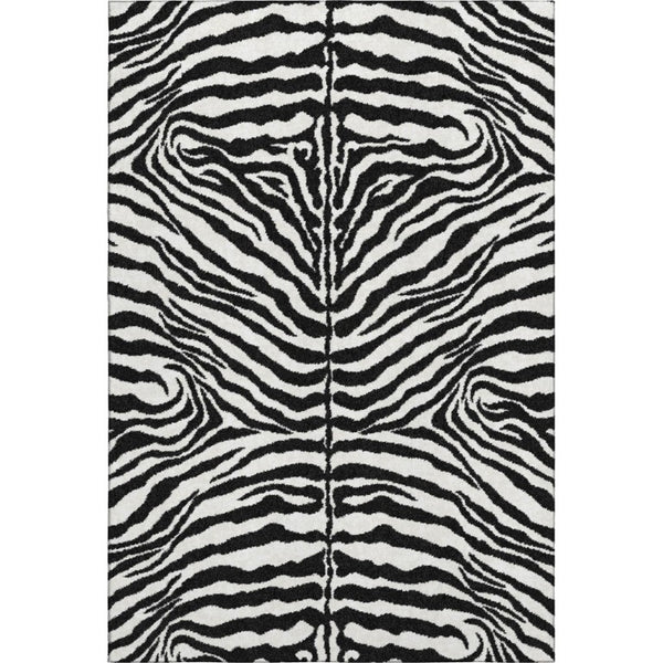 Zebra Print Polyester Area Rug Washable Indoor Outdoor Bold Animal Pattern Low Pile Ivory Black
