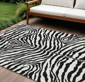 Zebra Print Polyester Area Rug Washable Indoor Outdoor Bold Animal Pattern Low Pile Ivory Black