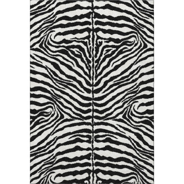 Zebra Print Polyester Area Rug Washable Indoor Outdoor Bold Animal Pattern Low Pile Ivory Black