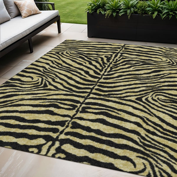 Zebra Print Washable Polyester Area Rug Gold Ivory Safari Style Indoor Outdoor All Sizes