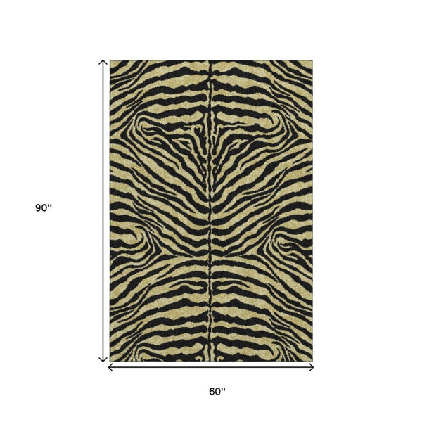 Zebra Print Washable Polyester Area Rug Gold Ivory Safari Style Indoor Outdoor All Sizes