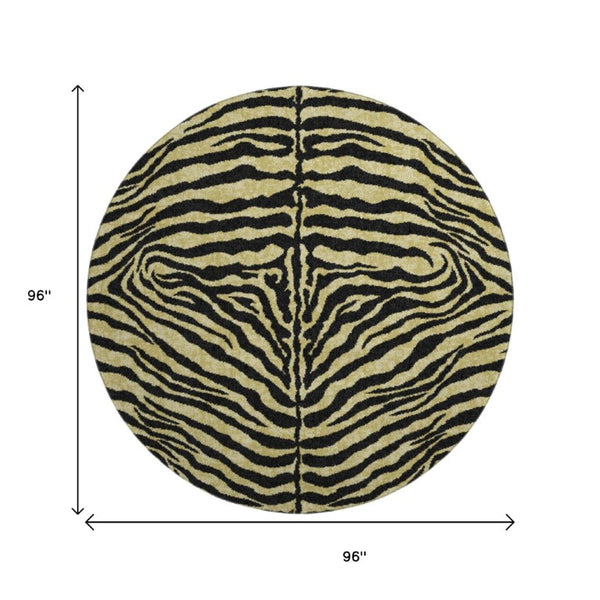 8 Ft Round Zebra Print Polyester Area Rug Washable Gold Ivory Indoor Outdoor