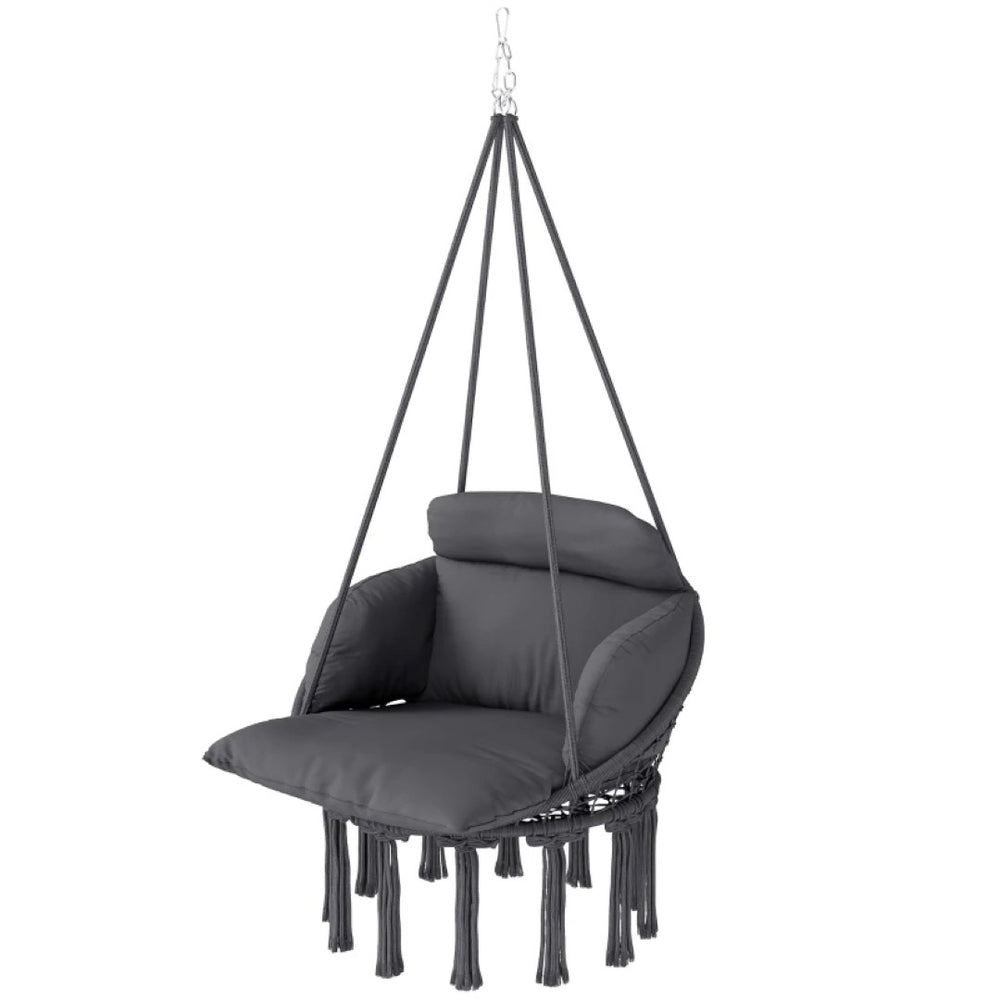 English Elm Hanging Hammock Swing Chair Boho Fringe Cushioned Seat for Patio or Indoor Use T3971P445668