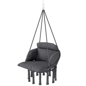 English Elm Hanging Hammock Swing Chair Boho Fringe Cushioned Seat for Patio or Indoor Use T3971P445668