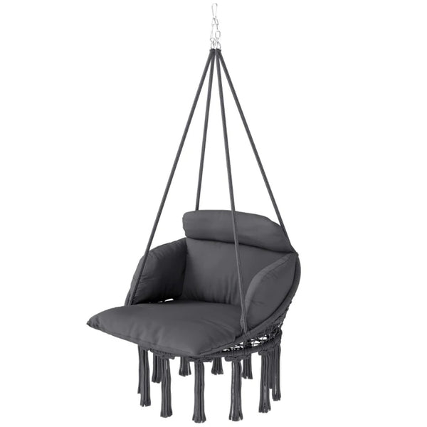 English Elm Hanging Hammock Swing Chair Boho Fringe Cushioned Seat for Patio or Indoor Use T3971P445668