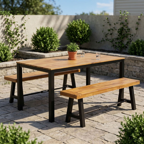 English Elm 3-piece Outdoor Acacia Wood Patio Dining Set with Rectangular Table and Two Benches 64274.00_N779P251403T-2