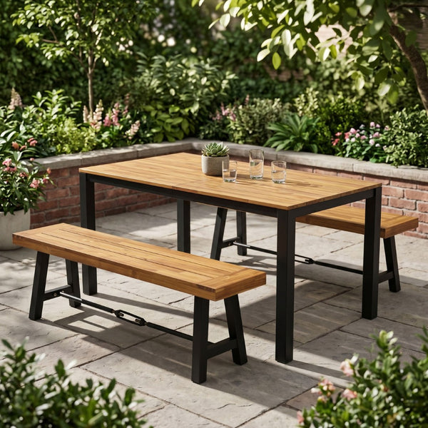 English Elm 3-piece Outdoor Acacia Wood Patio Dining Set with Rectangular Table and Two Benches 64274.00_N779P251403T-2