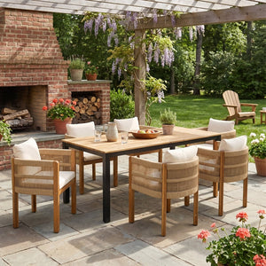 English Elm 7-piece Outdoor Dining Set Acacia Wood Table Six Rope Armchairs Resort Patio Style Brown, Teak 64274.00_N779P279983B-3