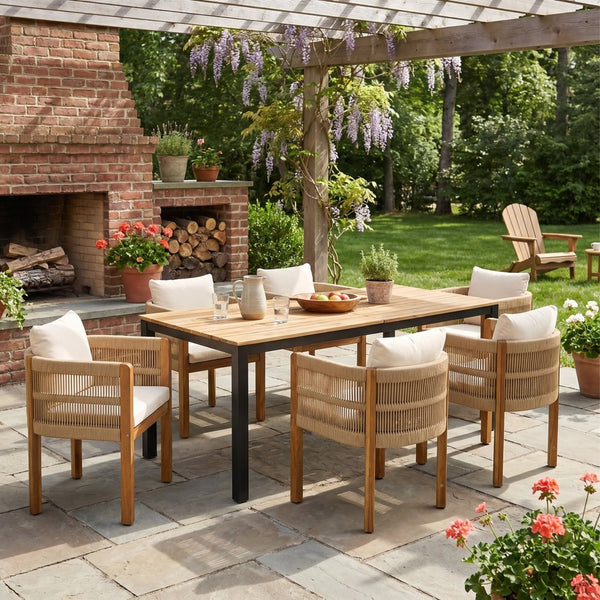 English Elm 7-piece Outdoor Dining Set Acacia Wood Table Six Rope Armchairs Resort Patio Style Brown, Teak 64274.00_N779P279983B-3