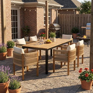 English Elm 7-piece Outdoor Dining Set Acacia Wood Table Six Rope Armchairs Resort Patio Style Brown, Teak 64274.00_N779P279983B-3