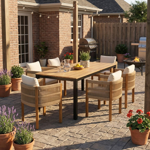 English Elm 7-piece Outdoor Dining Set Acacia Wood Table Six Rope Armchairs Resort Patio Style Brown, Teak 64274.00_N779P279983B-3