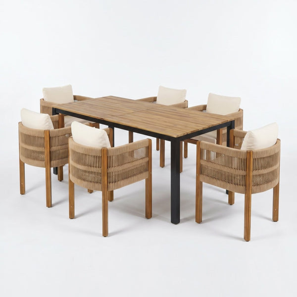 English Elm 7-piece Outdoor Dining Set Acacia Wood Table Six Rope Armchairs Resort Patio Style Brown, Teak 64274.00_N779P279983B-3