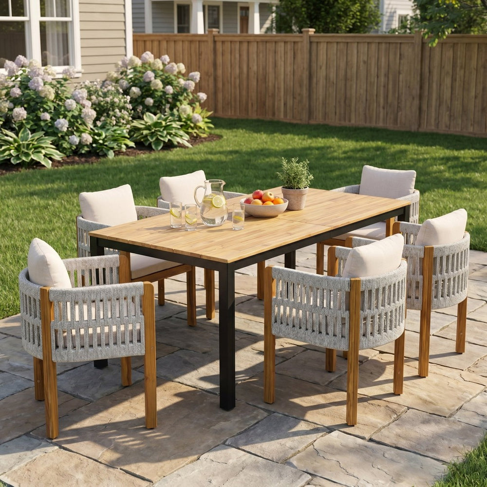 English Elm 7-piece Outdoor Dining Set Acacia Wood Table Six Rope Armchairs Resort Patio Style Beige, Teak, White 64274.00_N779P279983H-3