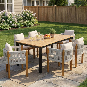 English Elm 7-piece Outdoor Dining Set Acacia Wood Table Six Rope Armchairs Resort Patio Style Beige, Teak, White 64274.00_N779P279983H-3