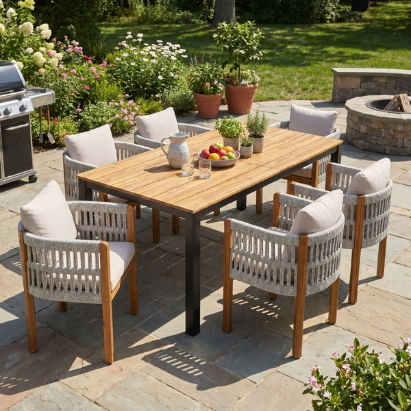 English Elm 7-piece Outdoor Dining Set Acacia Wood Table Six Rope Armchairs Resort Patio Style Beige, Teak, White 64274.00_N779P279983H-3