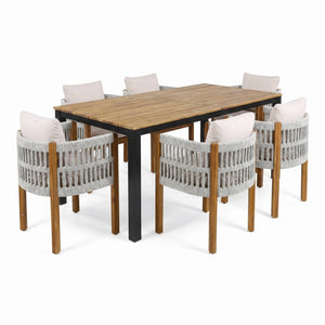 English Elm 7-piece Outdoor Dining Set Acacia Wood Table Six Rope Armchairs Resort Patio Style Beige, Teak, White 64274.00_N779P279983H-3