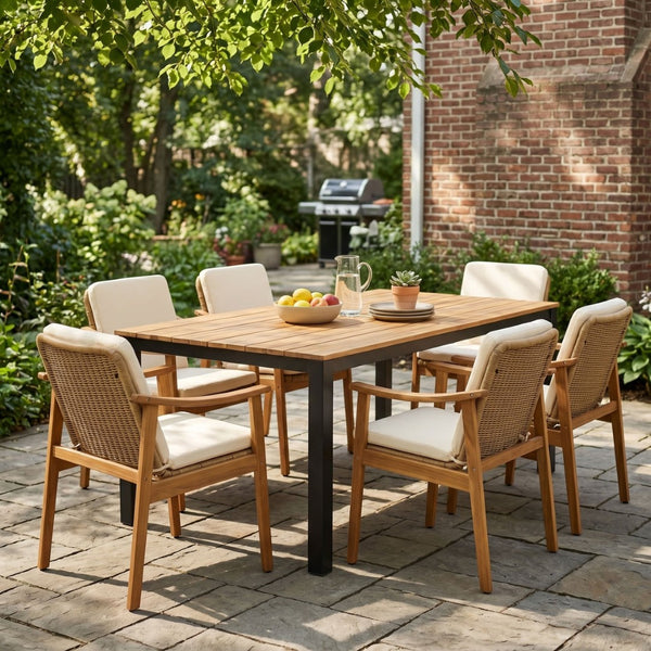 English Elm 7-piece Outdoor Acacia and Wicker Patio Dining Set Seats Six with Weather Resistant Cushions Beige 64274.00_N779P280043B-3