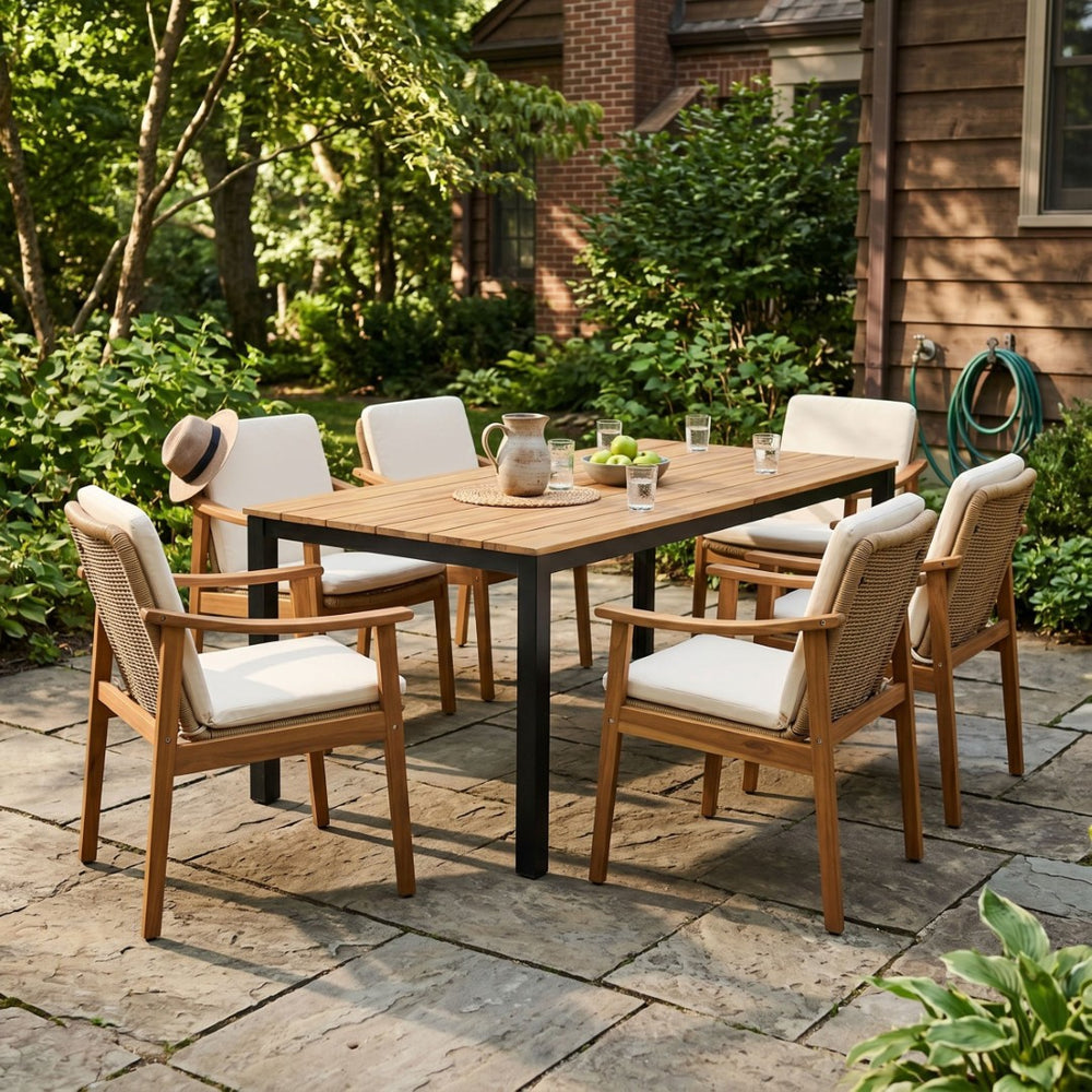 English Elm 7-piece Outdoor Acacia and Wicker Patio Dining Set Seats Six with Weather Resistant Cushions Beige 64274.00_N779P280043B-3