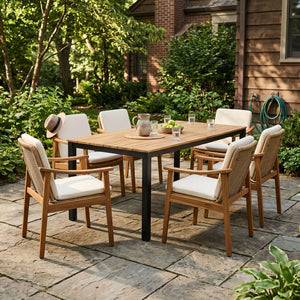 English Elm 7-piece Outdoor Acacia and Wicker Patio Dining Set Seats Six with Weather Resistant Cushions Beige 64274.00_N779P280043B-3