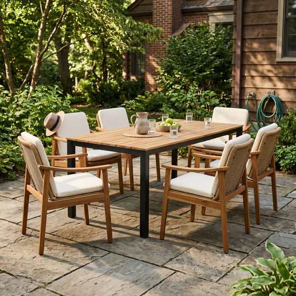 English Elm 7-piece Outdoor Acacia and Wicker Patio Dining Set Seats Six with Weather Resistant Cushions Beige 64274.00_N779P280043B-3