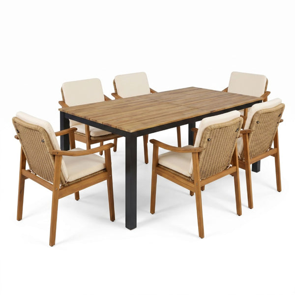 English Elm 7-piece Outdoor Acacia and Wicker Patio Dining Set Seats Six with Weather Resistant Cushions Beige 64274.00_N779P280043B-3