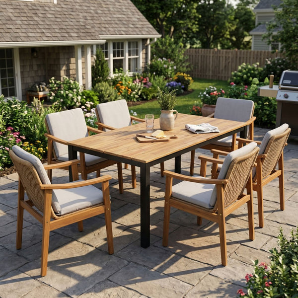 English Elm 7-piece Outdoor Acacia and Wicker Patio Dining Set Seats Six with Weather Resistant Cushions Grey 64274.00_N779P280043G-3