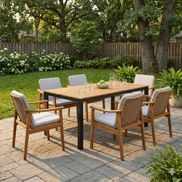 English Elm 7-piece Outdoor Acacia and Wicker Patio Dining Set Seats Six with Weather Resistant Cushions Grey 64274.00_N779P280043G-3