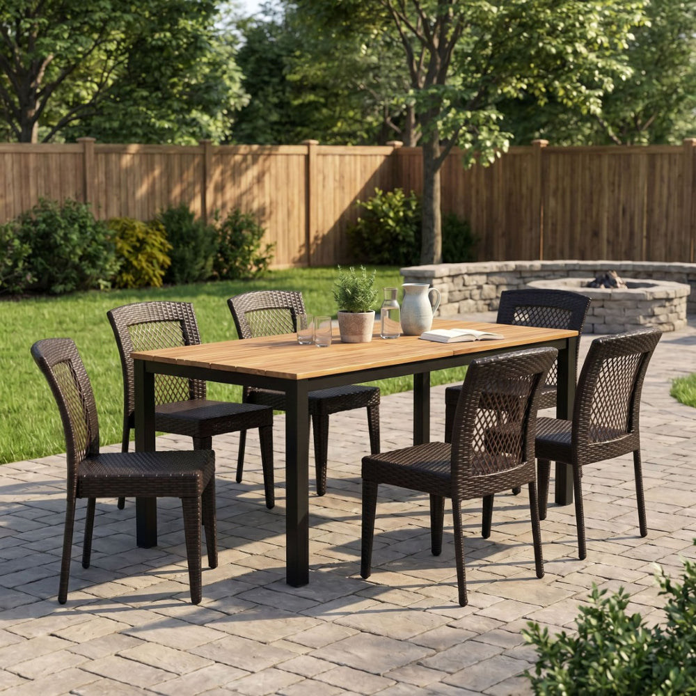 English Elm 7-piece Outdoor Patio Dining Set Acacia Wood Table Six Stackable Rattan Chairs 64274.00_N779P433231B-3