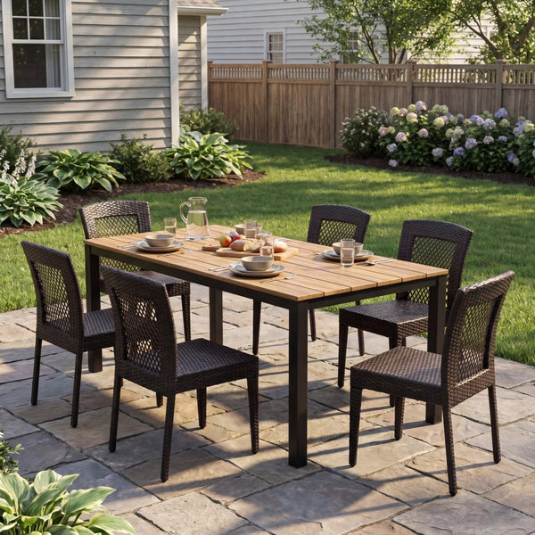 English Elm 7-piece Outdoor Patio Dining Set Acacia Wood Table Six Stackable Rattan Chairs 64274.00_N779P433231B-3