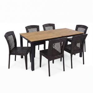 English Elm 7-piece Outdoor Patio Dining Set Acacia Wood Table Six Stackable Rattan Chairs 64274.00_N779P433231B-3