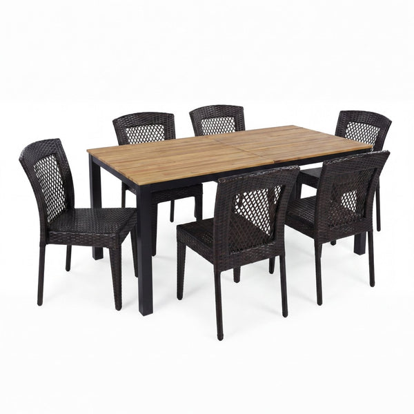 English Elm 7-piece Outdoor Patio Dining Set Acacia Wood Table Six Stackable Rattan Chairs 64274.00_N779P433231B-3
