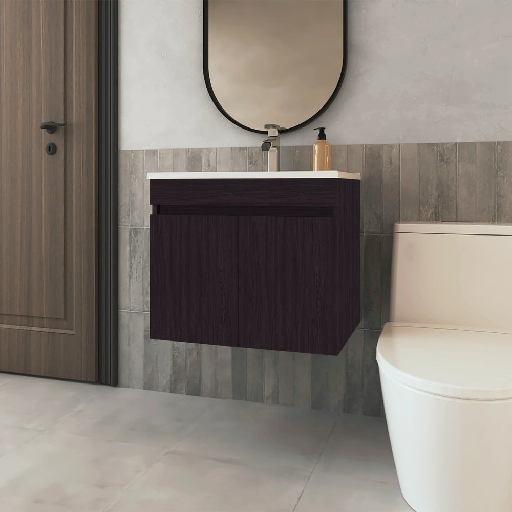 English Elm Wengue Floating Vanity with Integrated Basin, Dual-Door Wall-Mounted Cabinet, Dark Brown Compact Design (23.2" W, 17.3" D) B062P303927