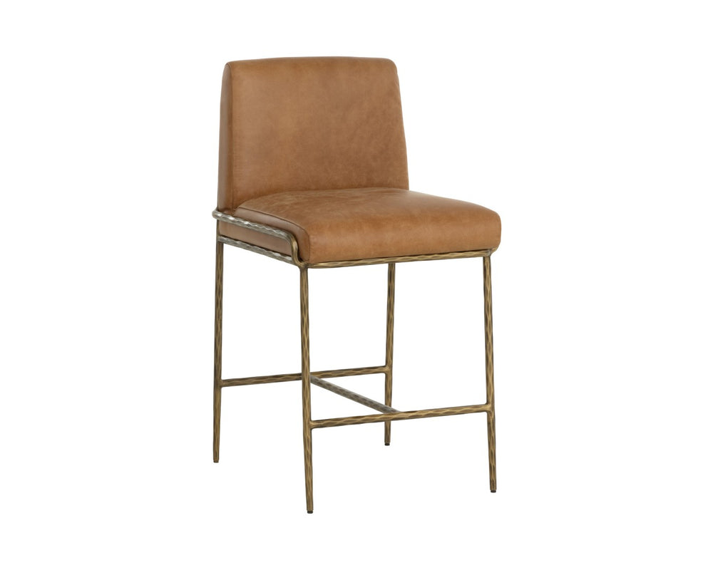 Sunpan LATHAN Counter Stool - Luxurious Tan Leather Seat with Hand-Hammered Antique Brass Frame, Durable Design 112227