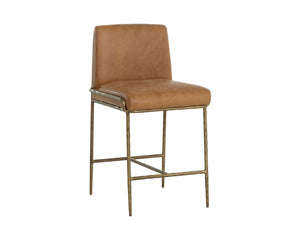 Sunpan LATHAN Counter Stool - Luxurious Tan Leather Seat with Hand-Hammered Antique Brass Frame, Durable Design 112227