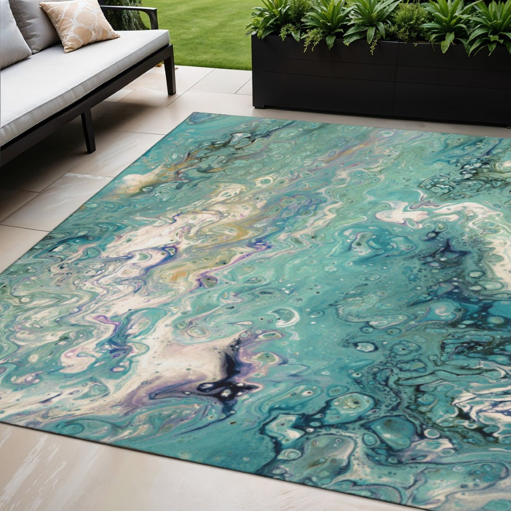 HomeRoots 5' Aqua and Ivory Abstract Area Rug – Washable, Durable Design for Indoor and Outdoor Use, 5x8 ft 642819