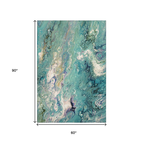 HomeRoots 5' Aqua and Ivory Abstract Area Rug – Washable, Durable Design for Indoor and Outdoor Use, 5x8 ft 642819