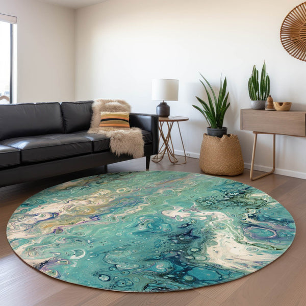HomeRoots 8' Aqua & Ivory Round Area Rug - Modern Abstract Design, Washable, Durable for Indoor & Outdoor Use 642820