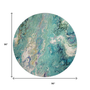 HomeRoots 8' Aqua & Ivory Round Area Rug - Modern Abstract Design, Washable, Durable for Indoor & Outdoor Use 642820