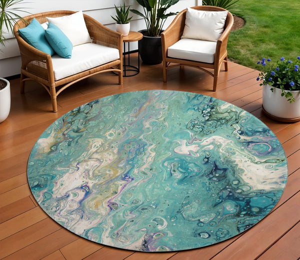 HomeRoots 8' Aqua & Ivory Round Area Rug - Modern Abstract Design, Washable, Durable for Indoor & Outdoor Use 642820