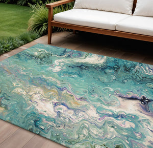HomeRoots 8' X 10' Aqua and Ivory Abstract Area Rug - Stylish, Washable Design for Indoor & Outdoor Use! 642821