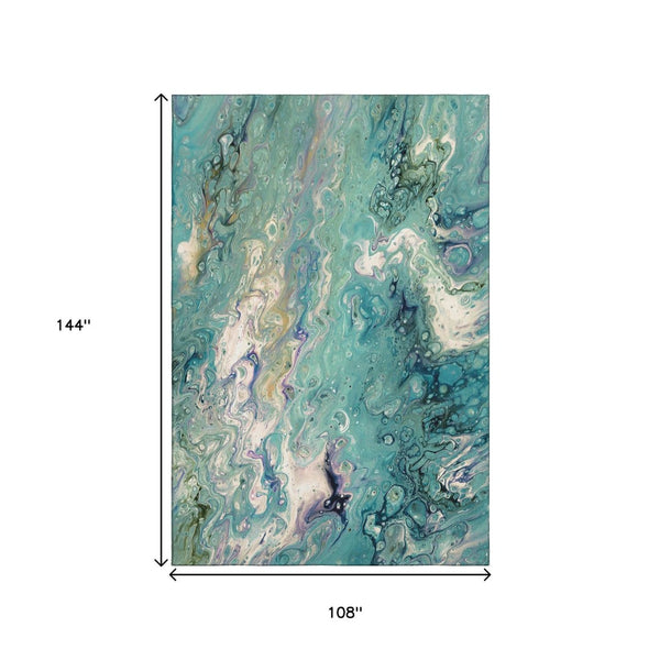 HomeRoots 9' X 12' Aqua and Ivory Abstract Washable Rug - Modern Indoor/Outdoor Style, Durable & Easy Care! 642822